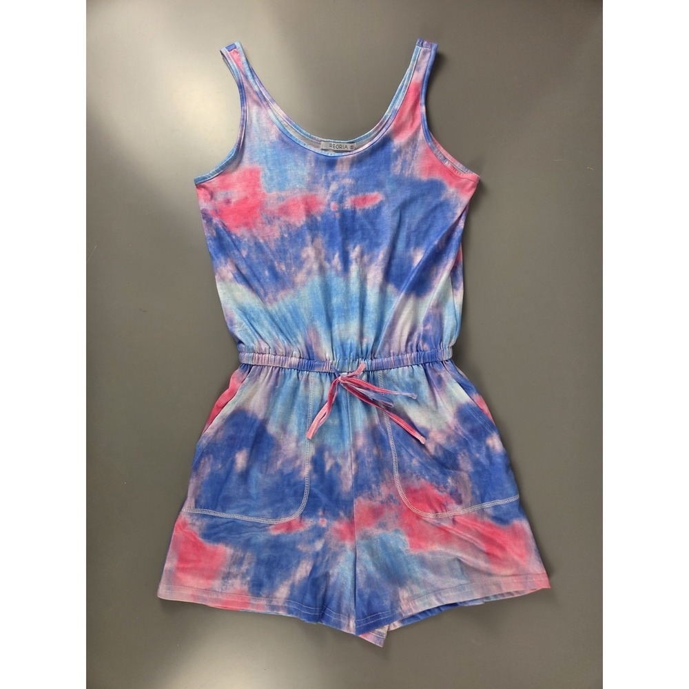 REORIA Women's Multicolor Tie Dye Sleeveless Drawstring Romper Size S  Pink Blue